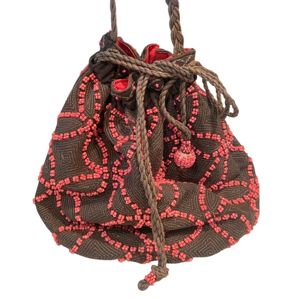 STAR MELA Mika Embroidered Beaded Drawstring Bag‎ Grey Pink Boho Crossbody Pouch